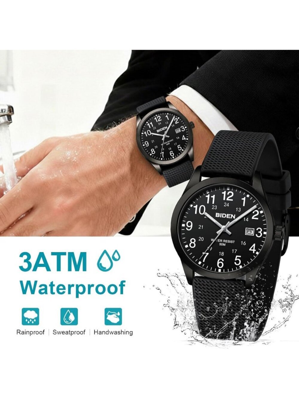 Men's All Black Analog Quartz Expansion Band Easy Reader Waterproof Wrist Watch - Picture 3 of 6